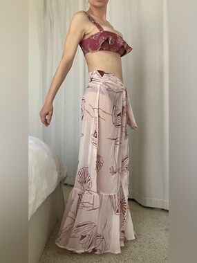 ANCORA Sz S Two-Piece Floral Bikini and Wrap Skirt Set - Dusty Rose & Cream
